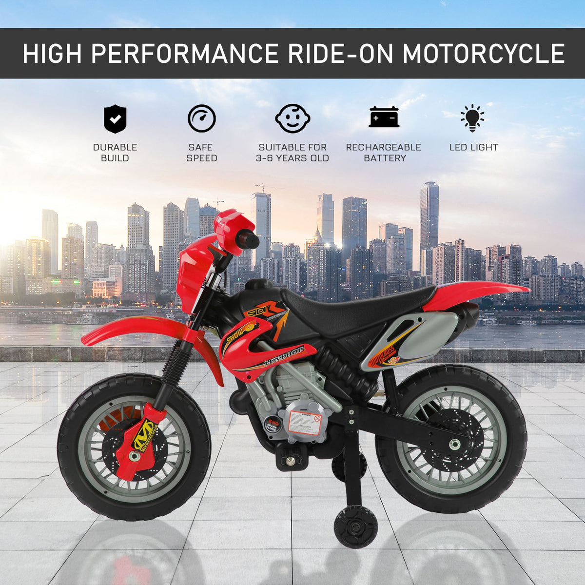 Kids 6V Electric Ride-On Motorcycle with Training Wheels, Battery Powered Toy Bike