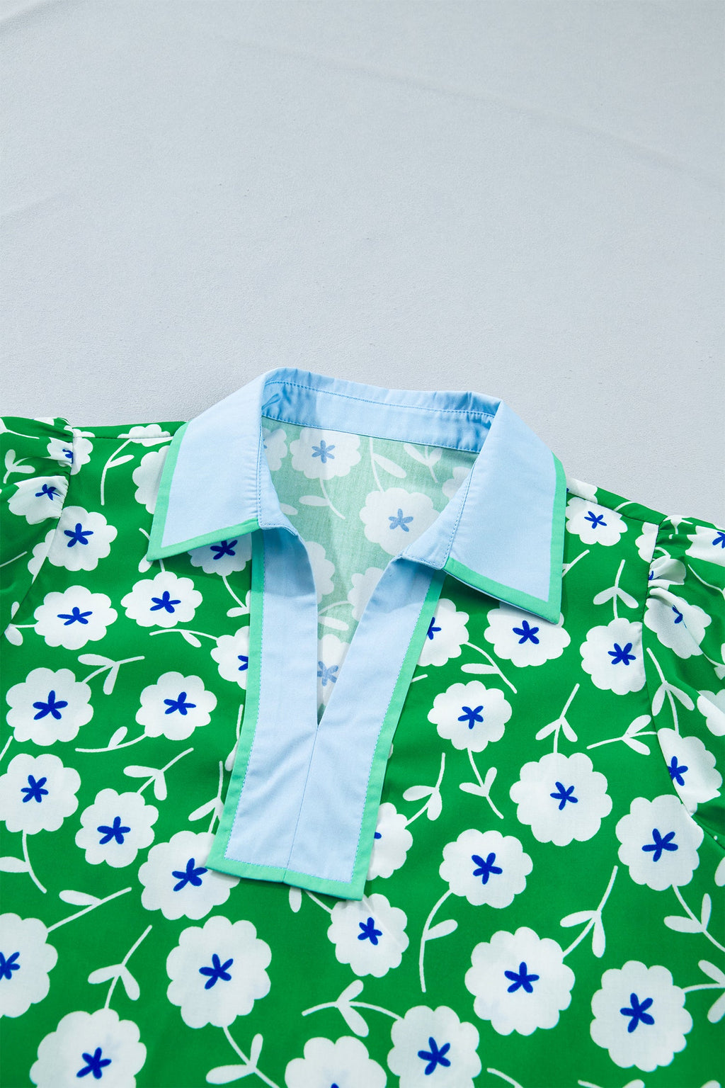 Flower Contrast Patchwork Collar Short Sleeve Blouse, Green White