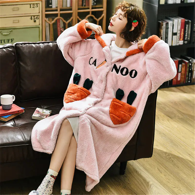 Hooded Coral Fleece Kimono Robe for Women