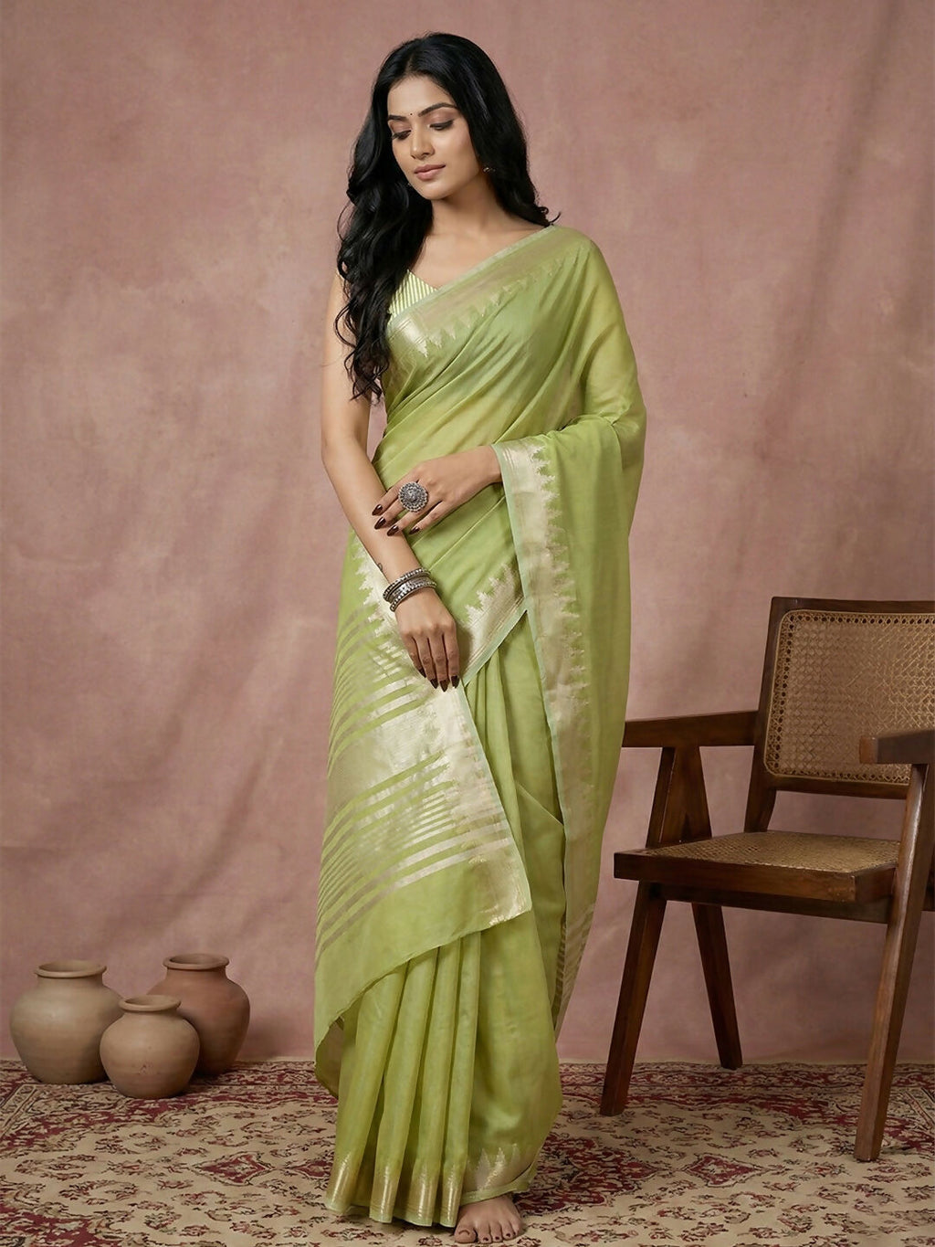 Elegant light green cotton saree with matching blouse piece fabric