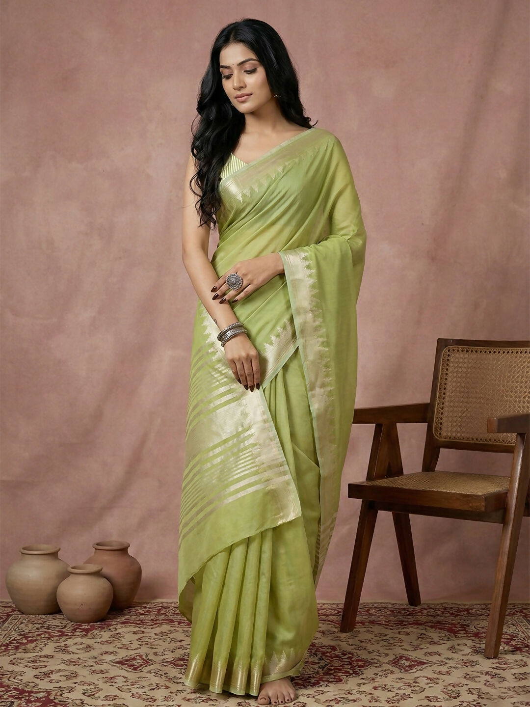 Elegant light green cotton saree with matching blouse piece fabric