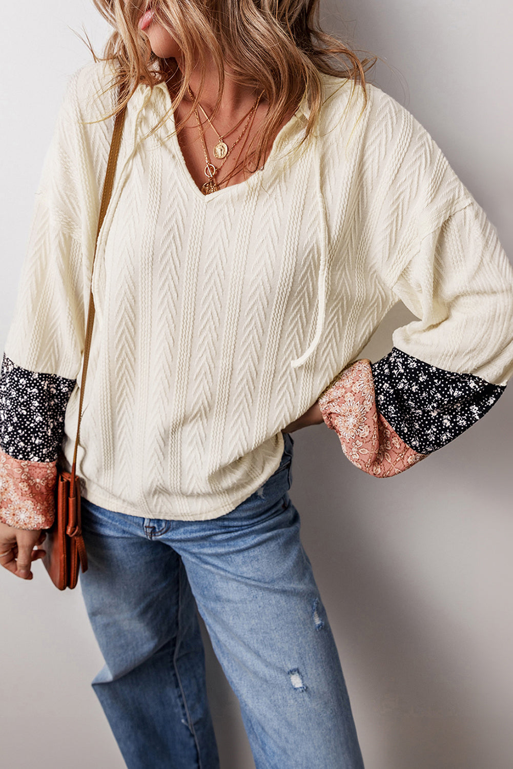 Floral Patchwork Textured Knit V-Neck Blouse