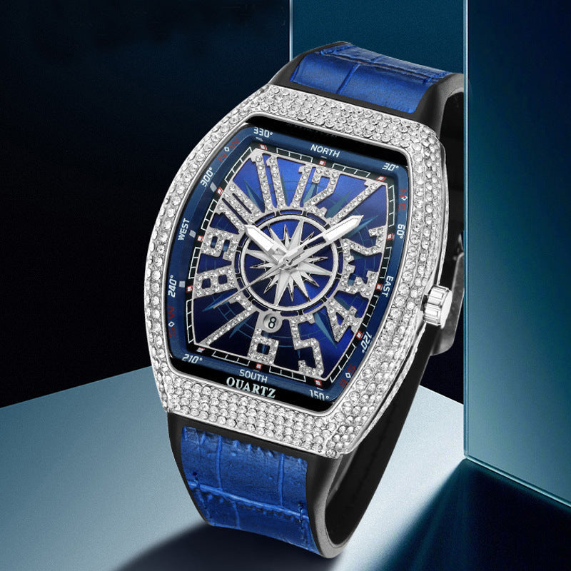 Simple Leather-strapped Yacht-style Diamond-embellished Vintage Quartz Watch