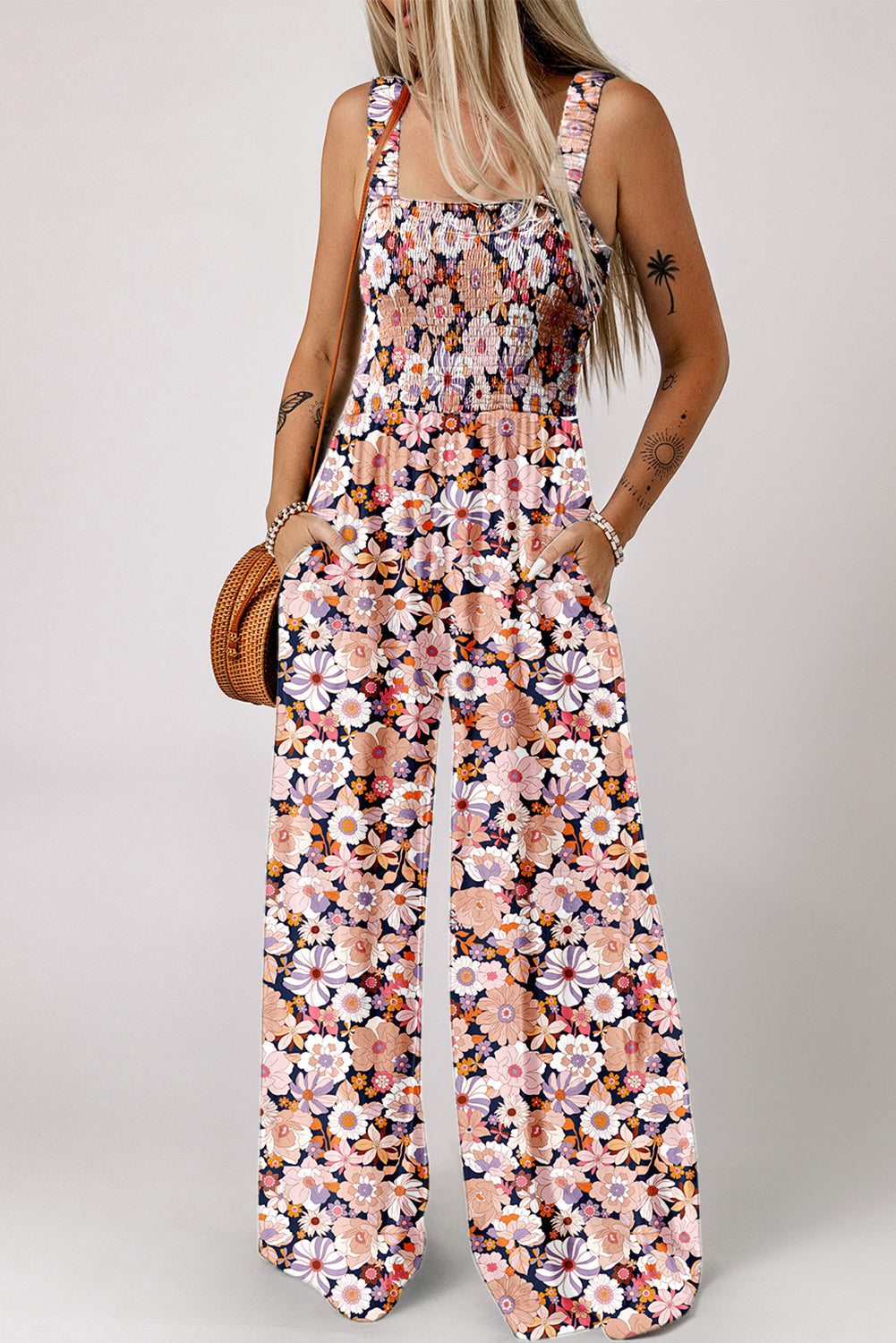 Black Floral Square Neckline High Waist Stretch Jumpsuit