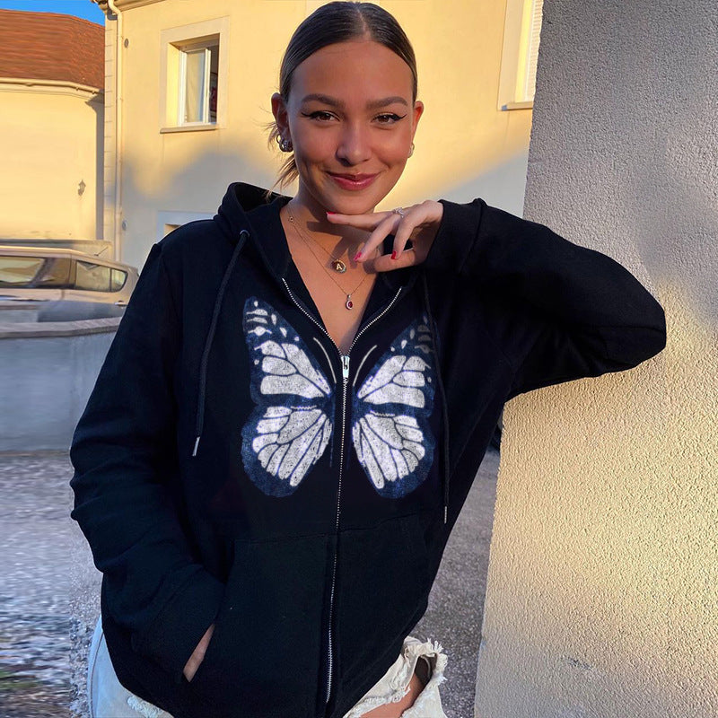 Women's Black & Grey Graphic Butterfly Long Sleeve Zip Hoodie - Image 2