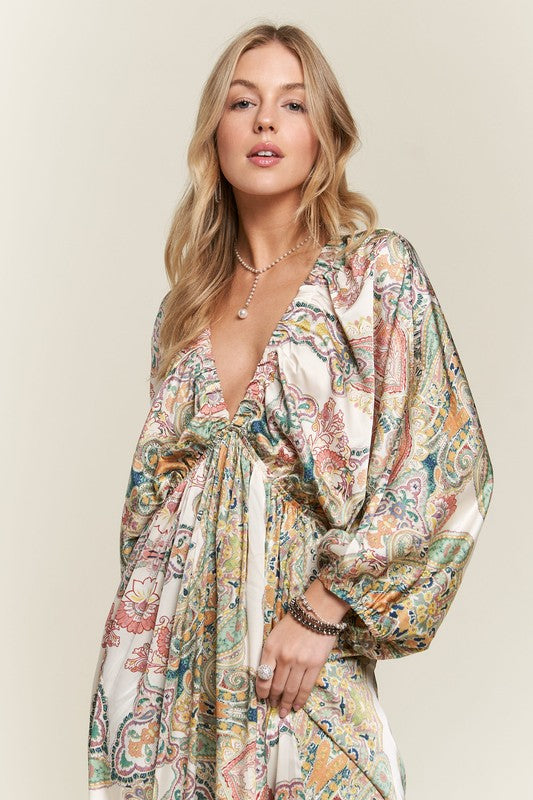 Abstract Print V-Neck Satin Batwing Sleeve Dress for Women
