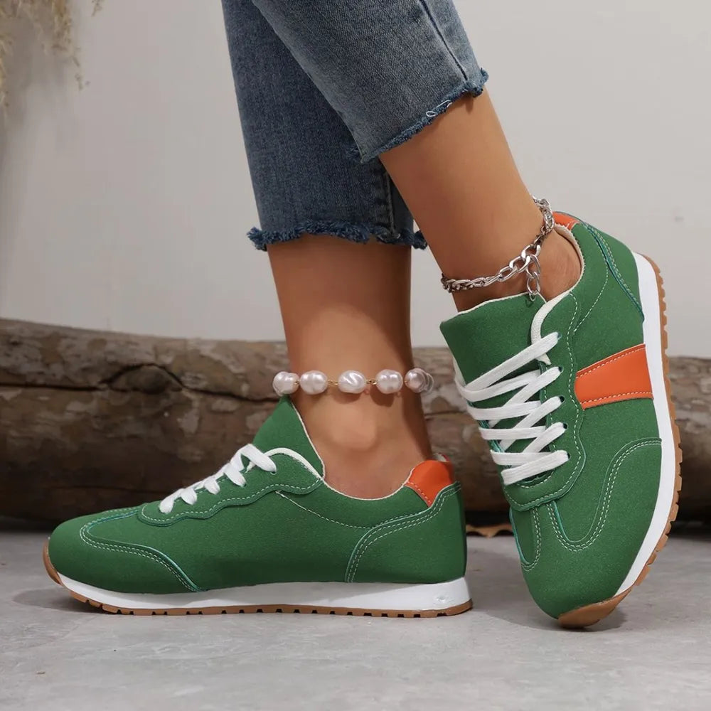PU Leather Contrast Round Toe Flat Sneakers - Lace-Up Casual