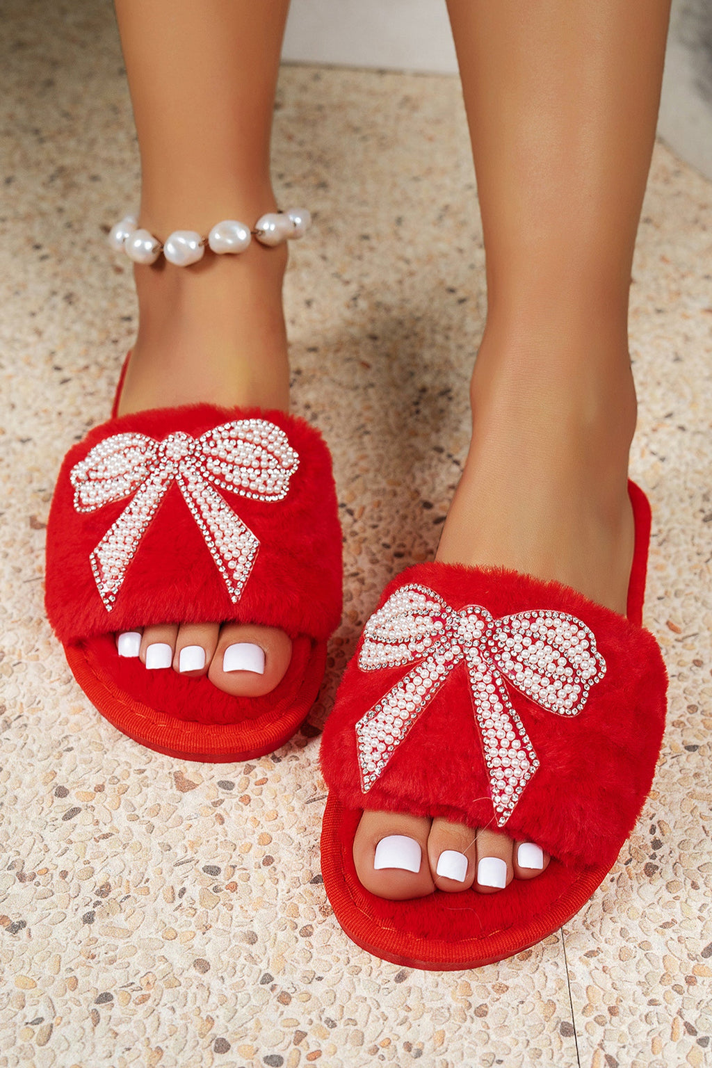 Fiery Red Pearl Rhinestone Embellished Bow Open Toe Plush Slippers
