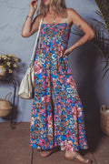 Pink Floral Smocked Bust Spaghetti Strap Wide Leg Jumpsuit