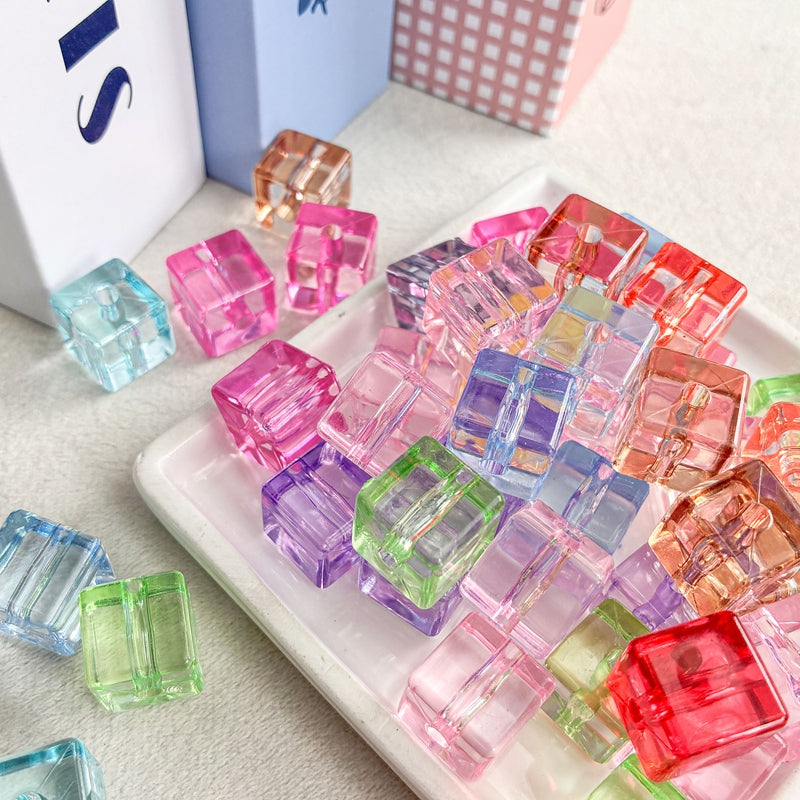 Flat Clear Acrylic Cube Beads, Framed Jelly Square Charms With Vertical Hole For DIY Jewelry Making, Bracelets, Necklaces & Keychains, Mixed Candy Colors