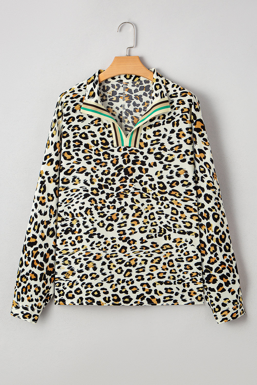 Khaki Leopard Print Long Sleeve Striped V Neck Top