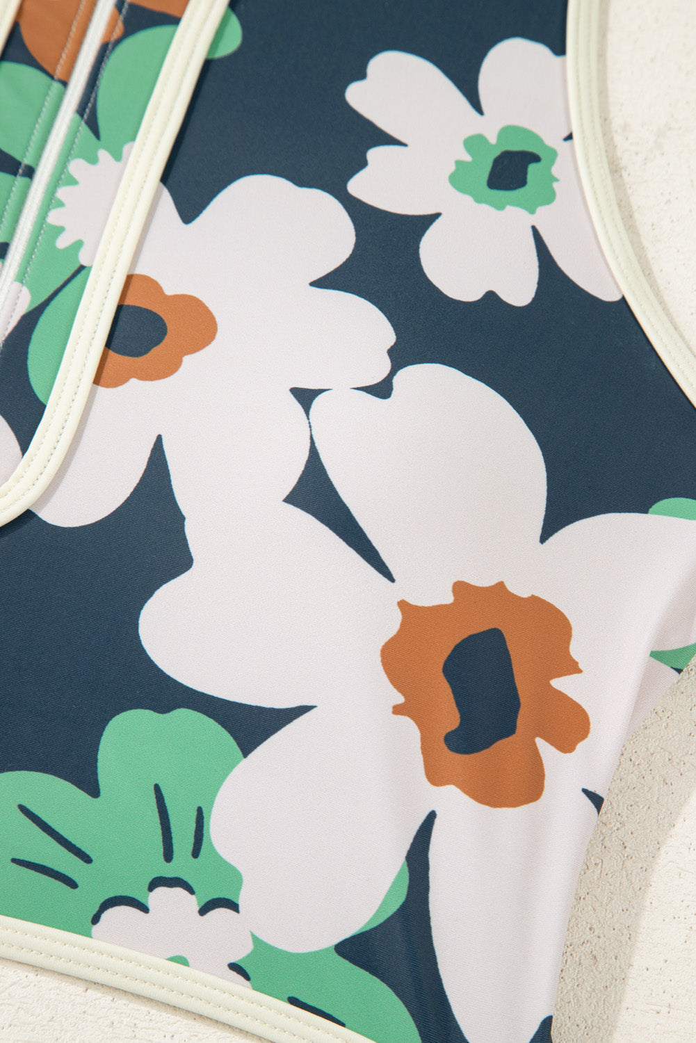 Blue Floral Zip Collar High Waist Bikini Top