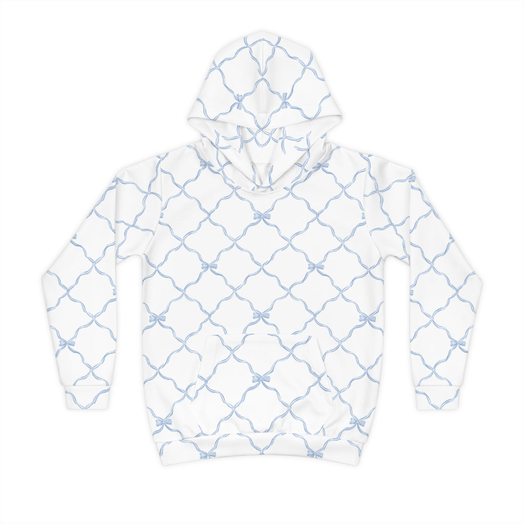 Youth hoodie in white with a light blue trellis bow pattern, featuring a hood and front kangaroo pocket.