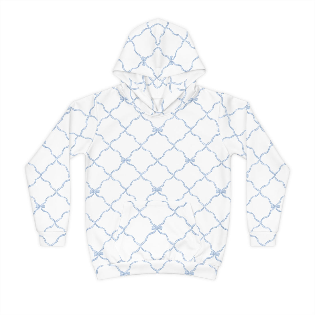 Youth hoodie in white with a light blue trellis bow pattern, featuring a hood and front kangaroo pocket.