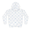 Youth hoodie in white with a light blue trellis bow pattern, featuring a hood and front kangaroo pocket.