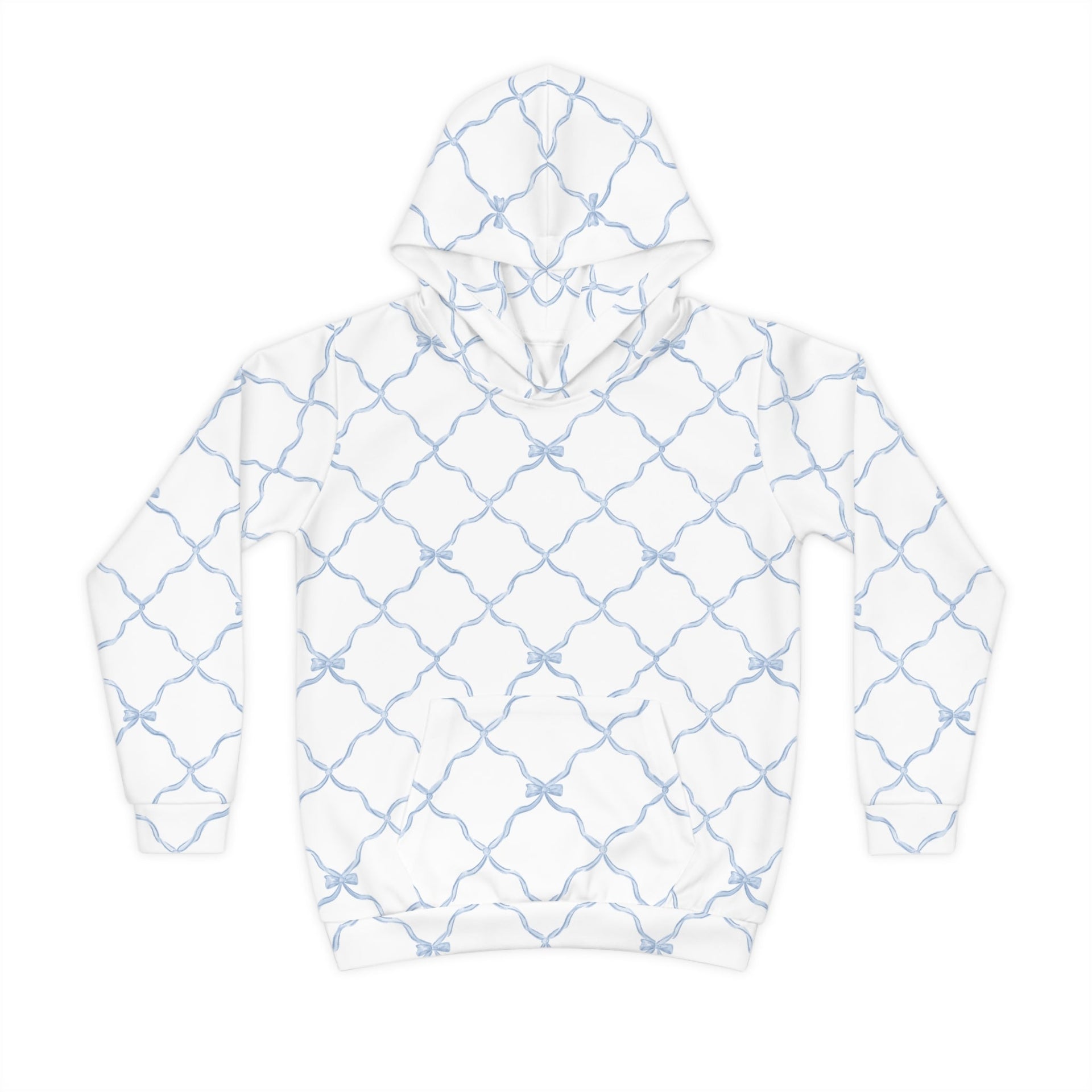 Youth hoodie in white with a light blue trellis bow pattern, featuring a hood and front kangaroo pocket.