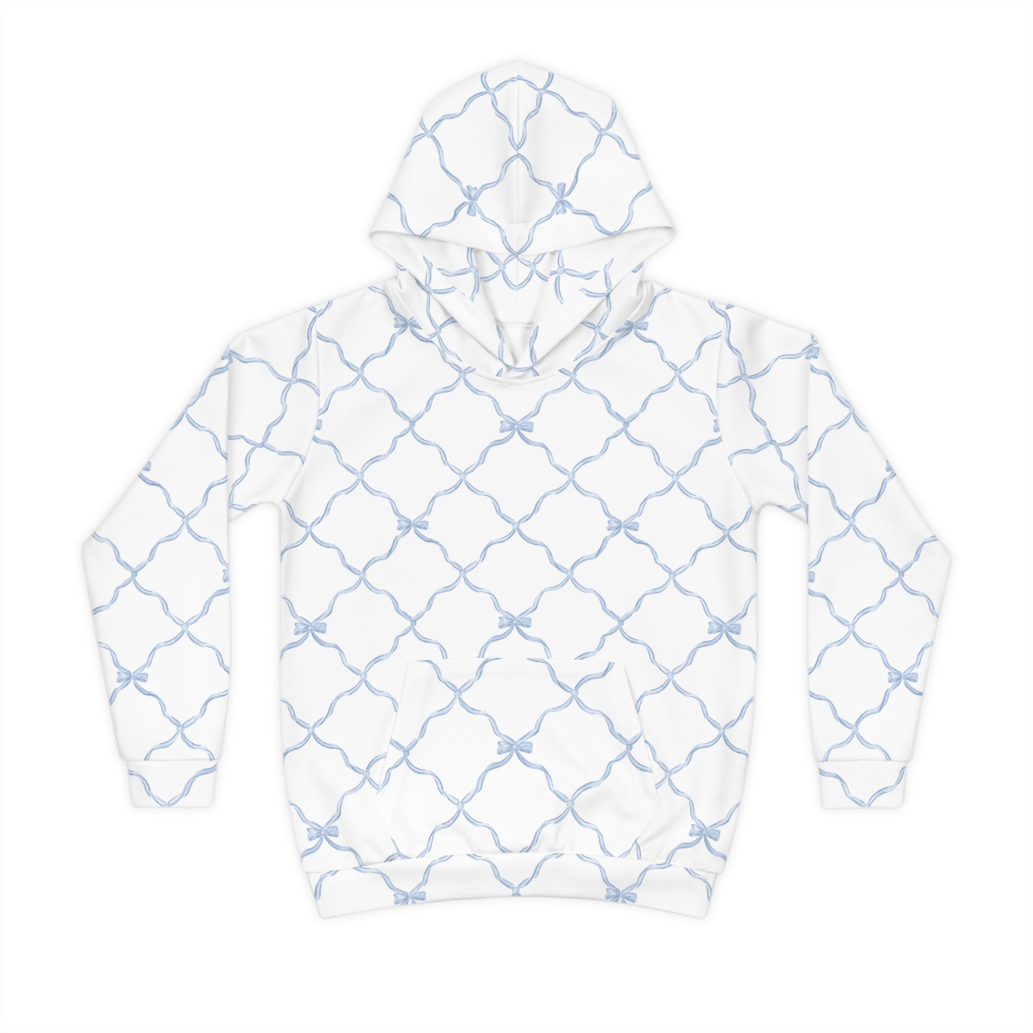 Youth hoodie in white with a light blue trellis bow pattern, featuring a hood and front kangaroo pocket.
