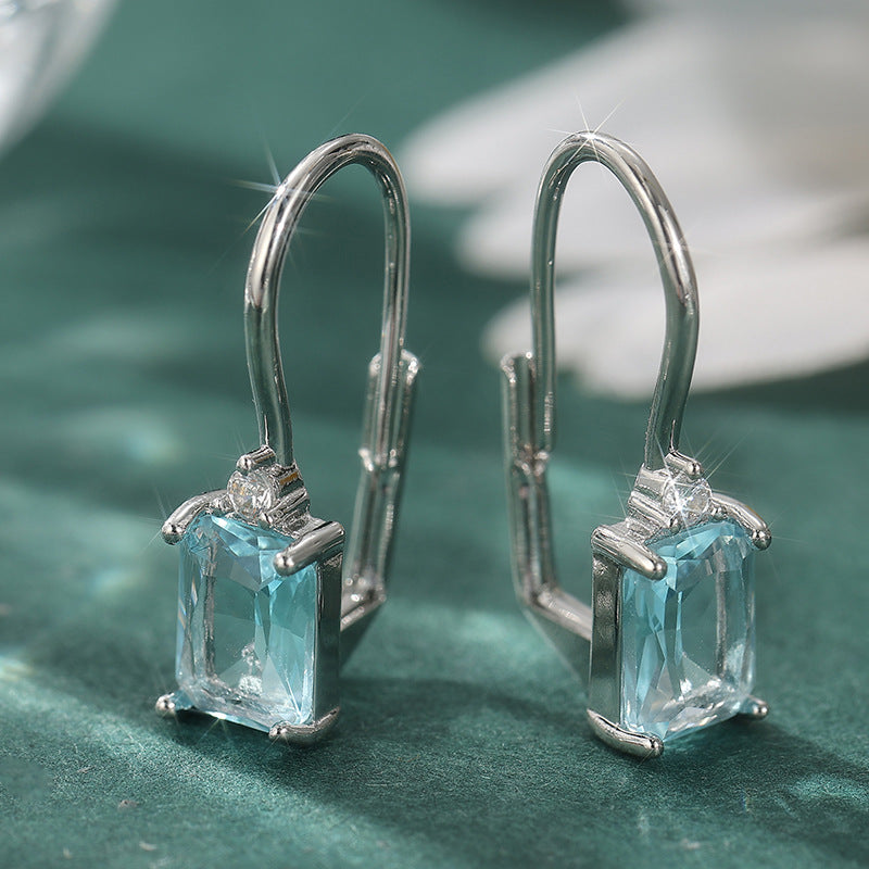 Elegant Blue Rectangle Crystal Drop Earrings Silver Tone Brass Women Daily Wedding Fashion Jewelry Gift