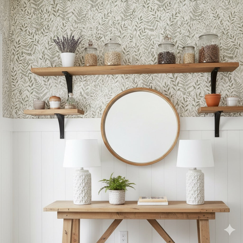 Onyx floral pattern wallpaper in sage green and off-white.
