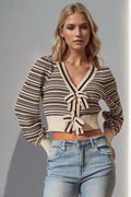 Striped Bow Decor Cropped Cardigan | V-Neck Knit