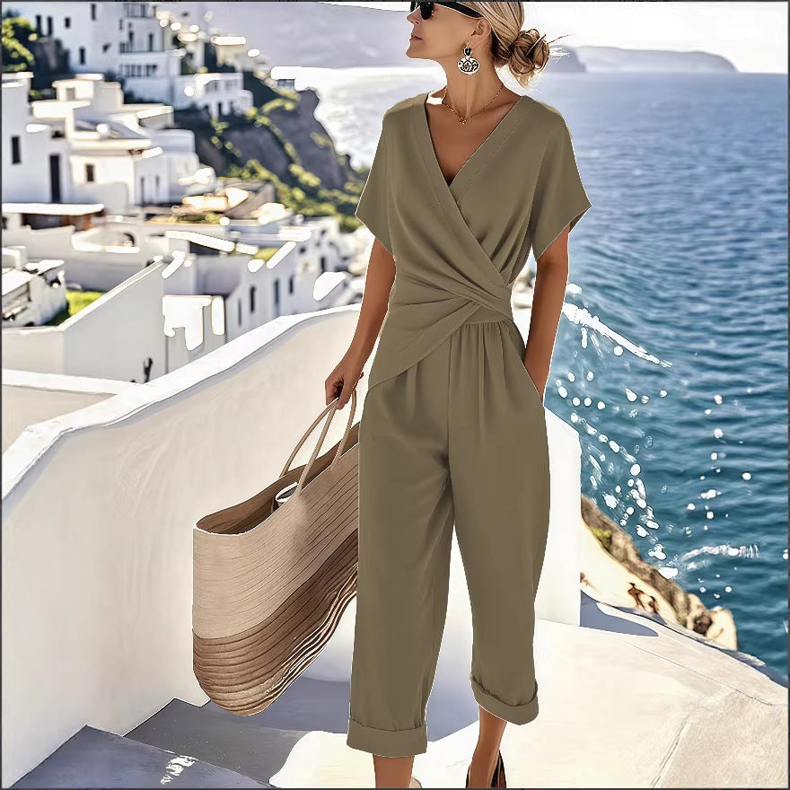 Women's V-Neck Short-Sleeve Jumpsuit with Waist Knot Detail - Image 2