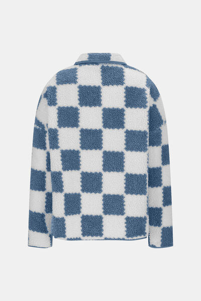 Women’s Checkered Snap Down Teddy Jacket in White and Brown