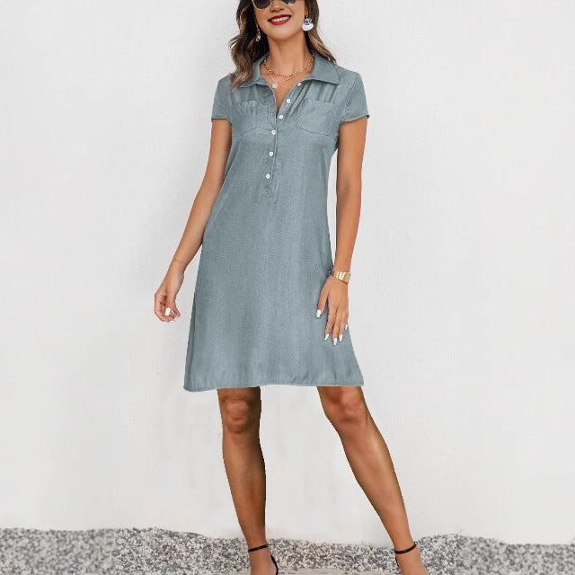 Split Pocket Denim Long Swing Dress for Casual Commute - front view