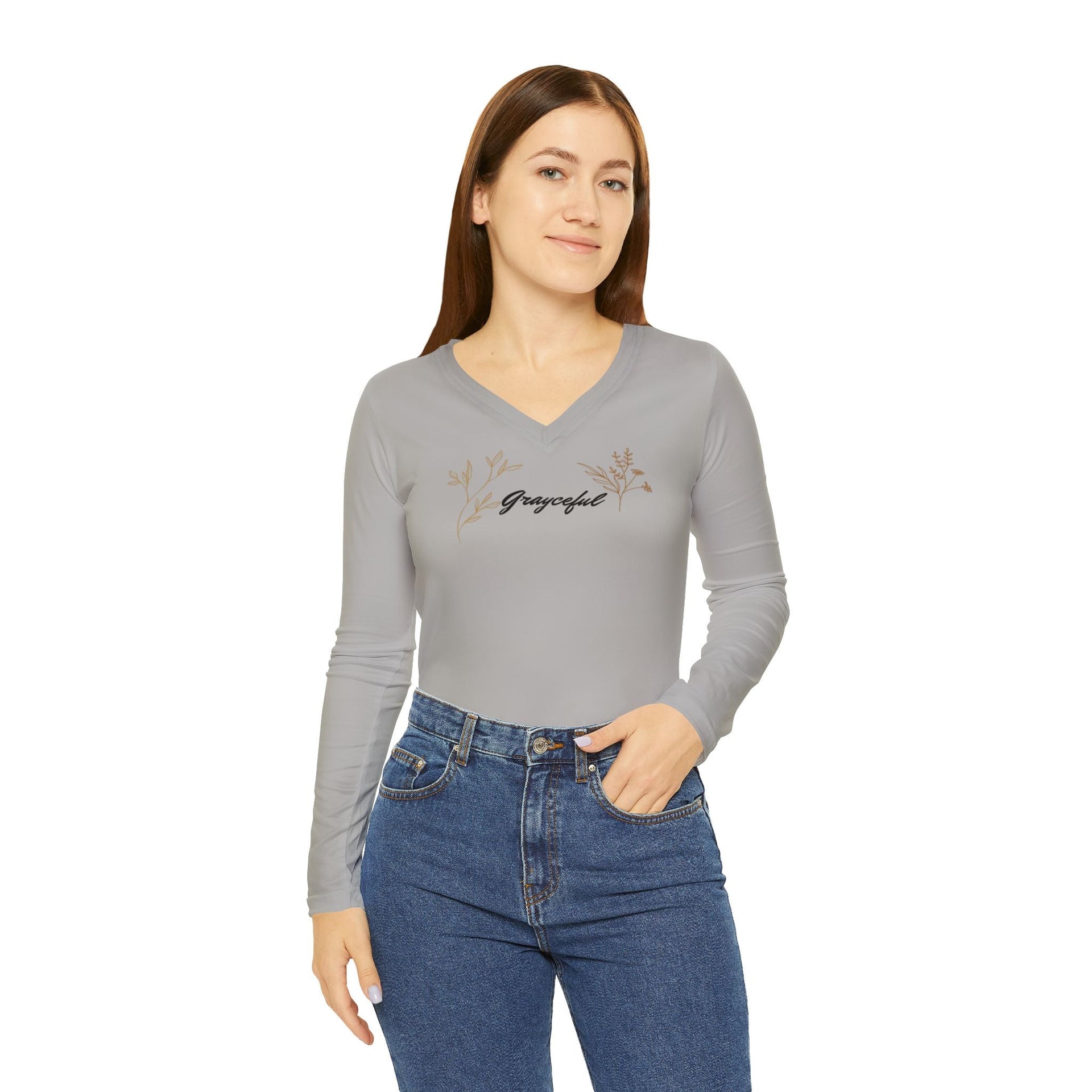 Women's Gray Floral Long Sleeve V-Neck Shirt - Casual Knit Top