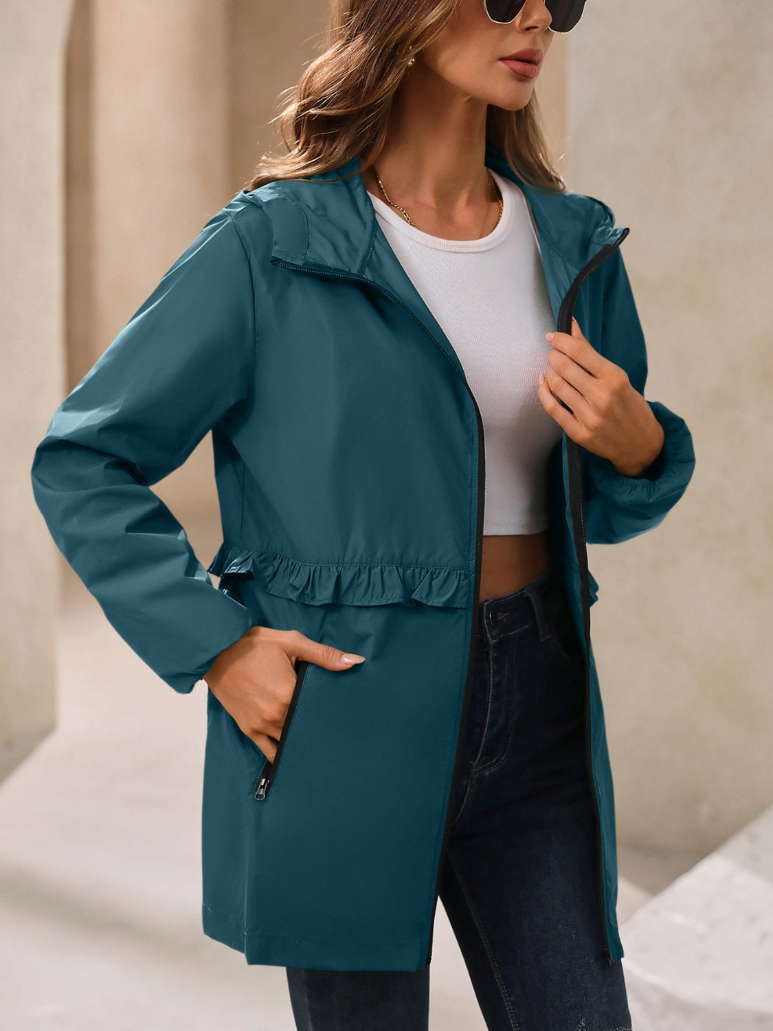 Women's Waterproof Hooded Windbreaker Jacket with Waist Detail - Image 19