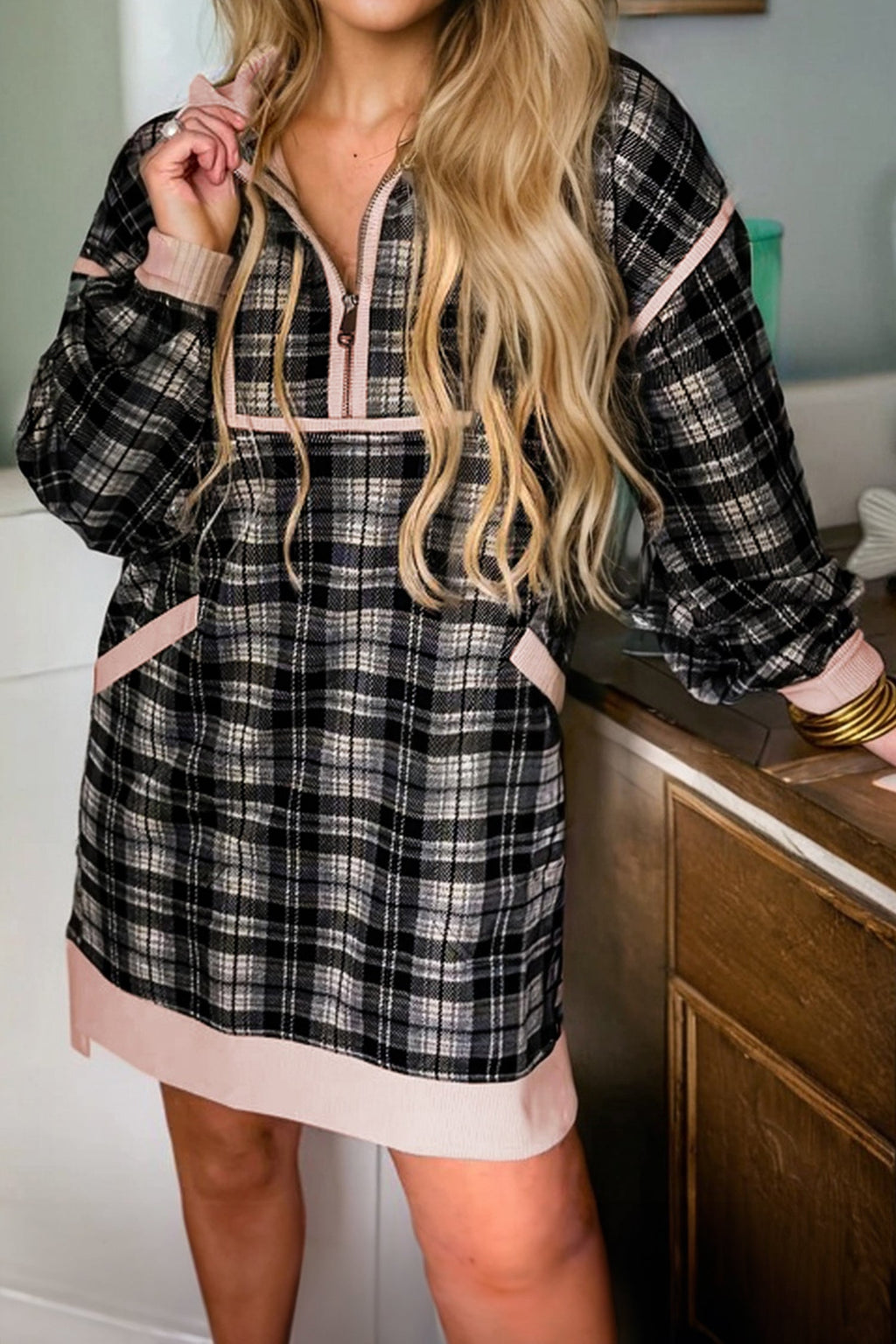 Plaid Collared Zip-Up Long Sleeve Mini Dress