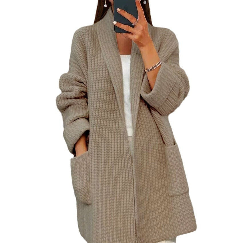 Women's Loose Lapel Knitted Cardigan Sweater Jacket with Pockets