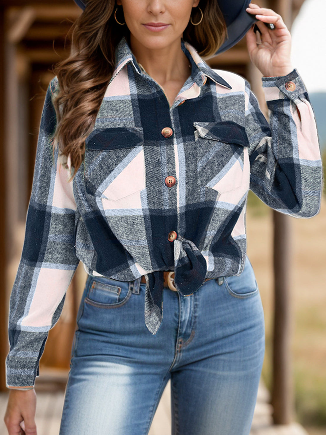 Women's Plaid Shacket with Collar and Chest Pockets - Image 3