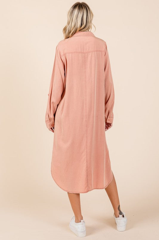 Women's Long Sleeve Button Down Shirt Dress in Dusty Rose