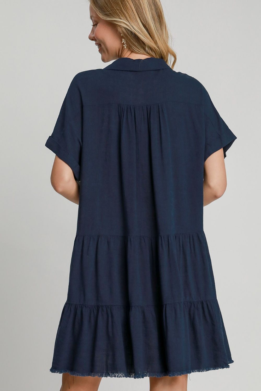 Dark Navy Tiered Midi Dress with Raw Hem and Folded Sleeves