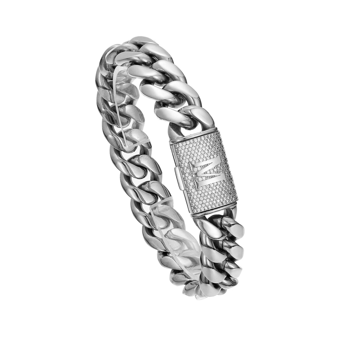 Mens Hip-Hop Lettered Snap-Clasp Encrypted Chain Cuban Link Steel-Colored Necklace