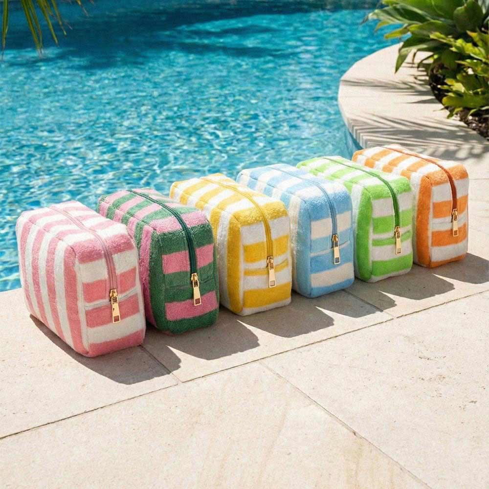 Pink Striped Terry Cloth Cosmetic Pouch