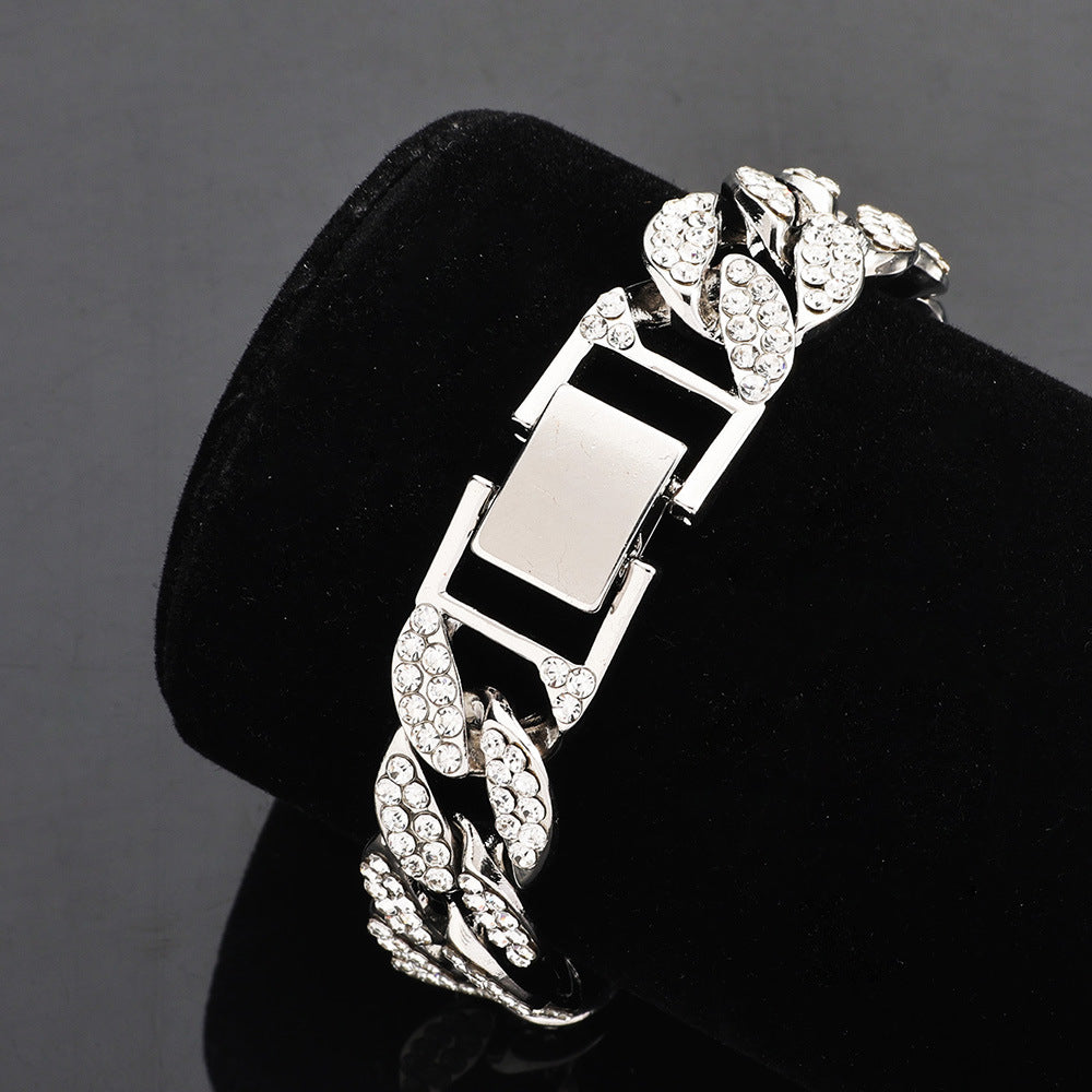 European And American Style Hip-hop Explosions Men's Domineering Cuban Chain Full Set Zircon Exaggerated Large Gold Chain Bracelet Manufacturers Wholesale