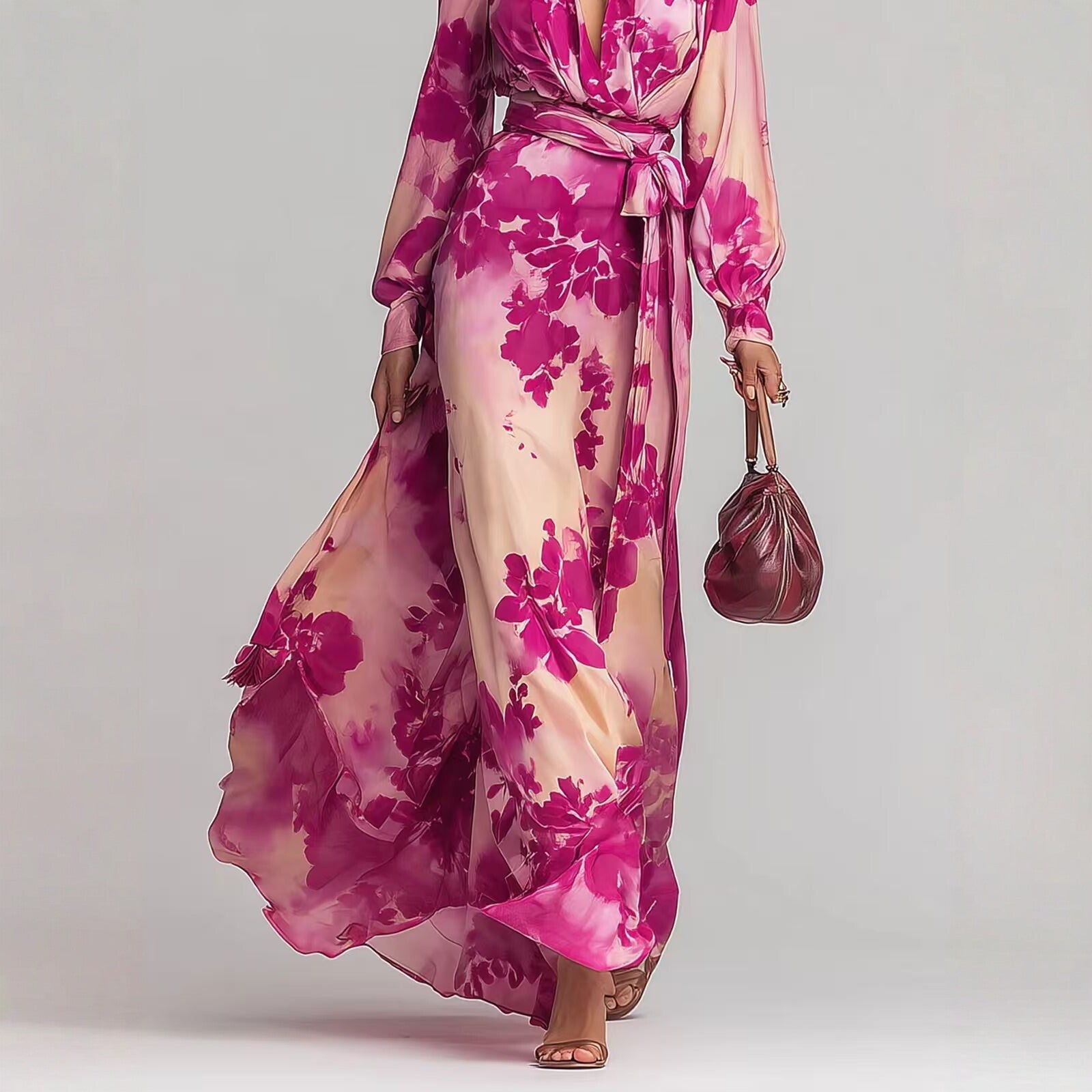 Floral Print Chiffon Tie-Up Maxi Dress - Romantic Fairy Dress
