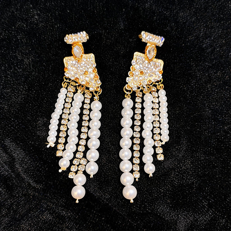 Womens Retro Ethnic Style Rhinestone And Pearl Tassel Stud Earrings,Costume Earrings For Daily Party Wear