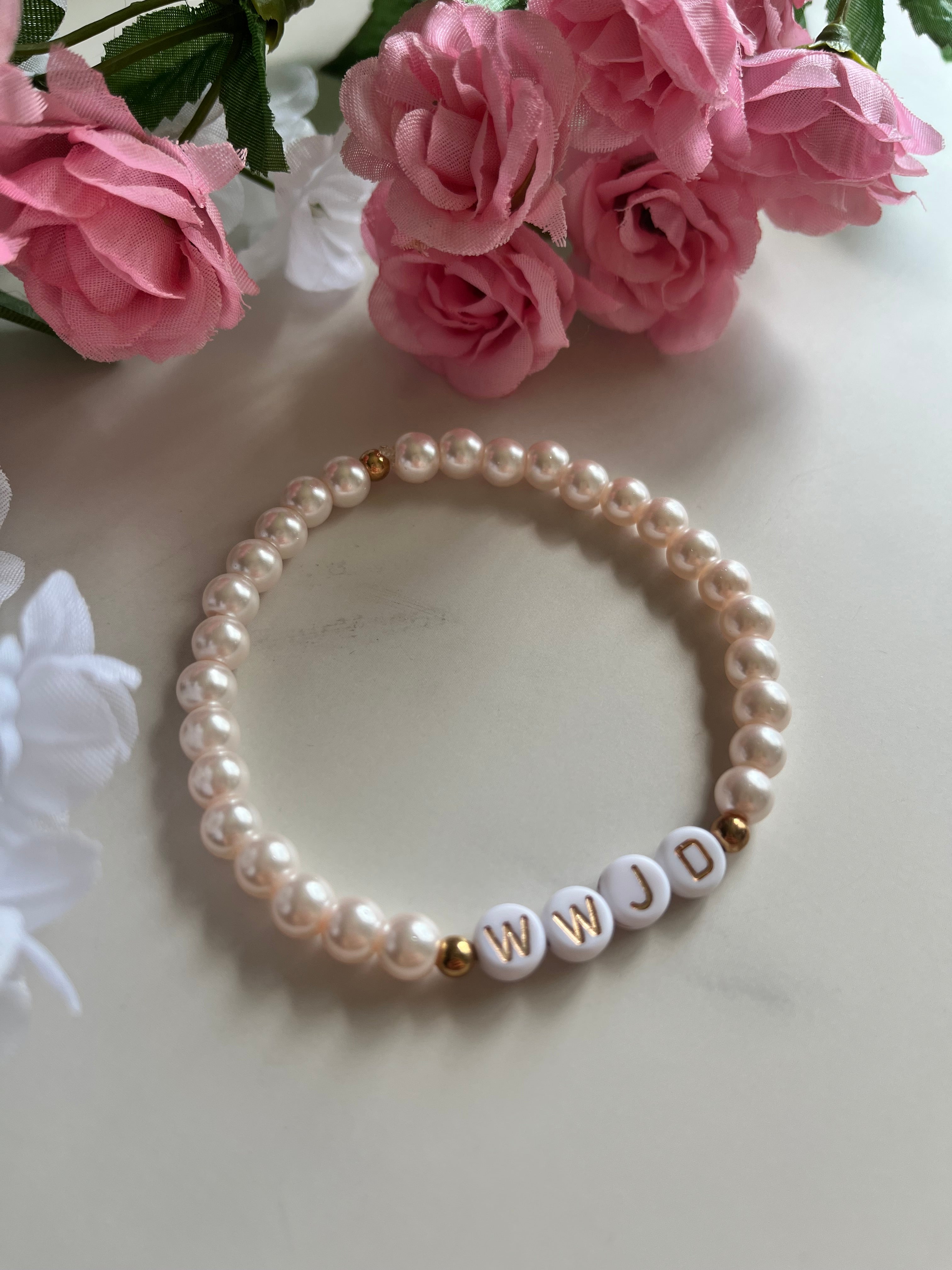 WWJD Faith Bead Bracelet Glass Pearl and Natural Stone