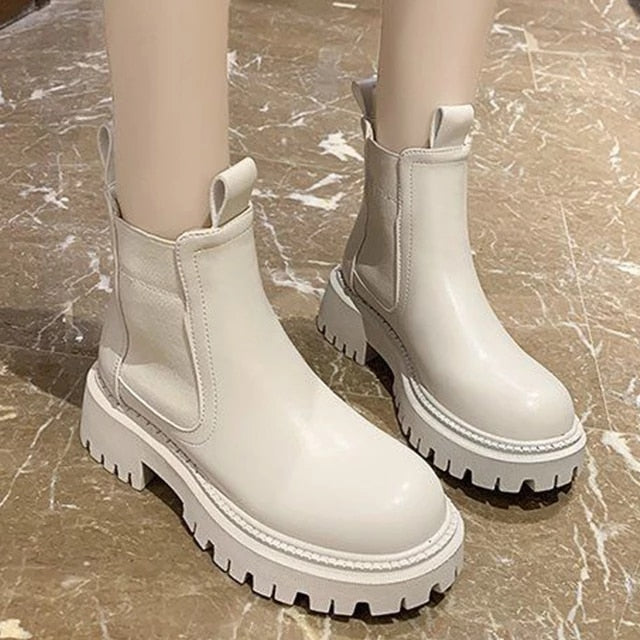 Chic Waterproof Cream Chelsea Boots with Chunky Platform Sole - Image 2