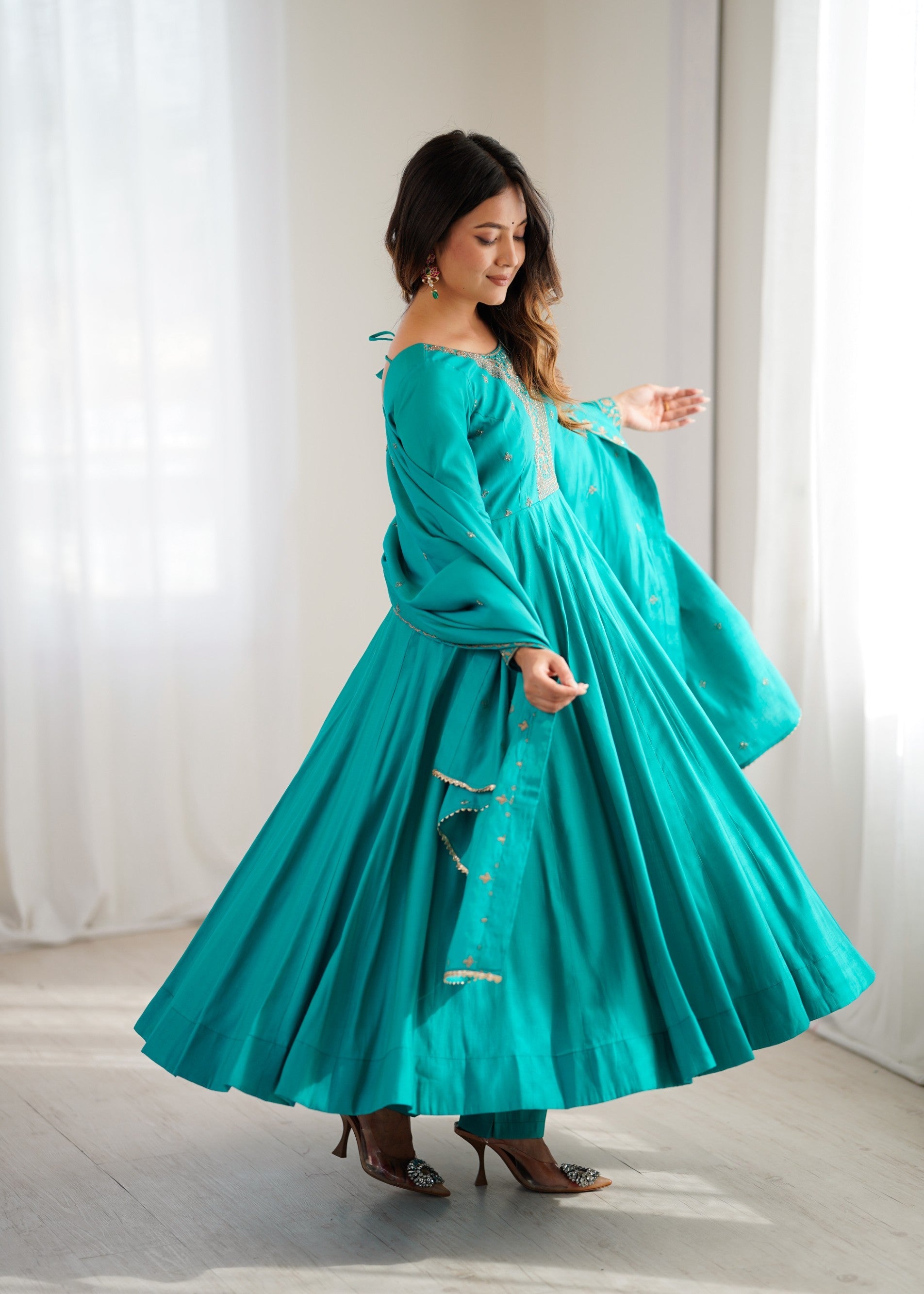 Rama Roman Shimmer Silk Anarkali Gown with Handwork Beads & Pant