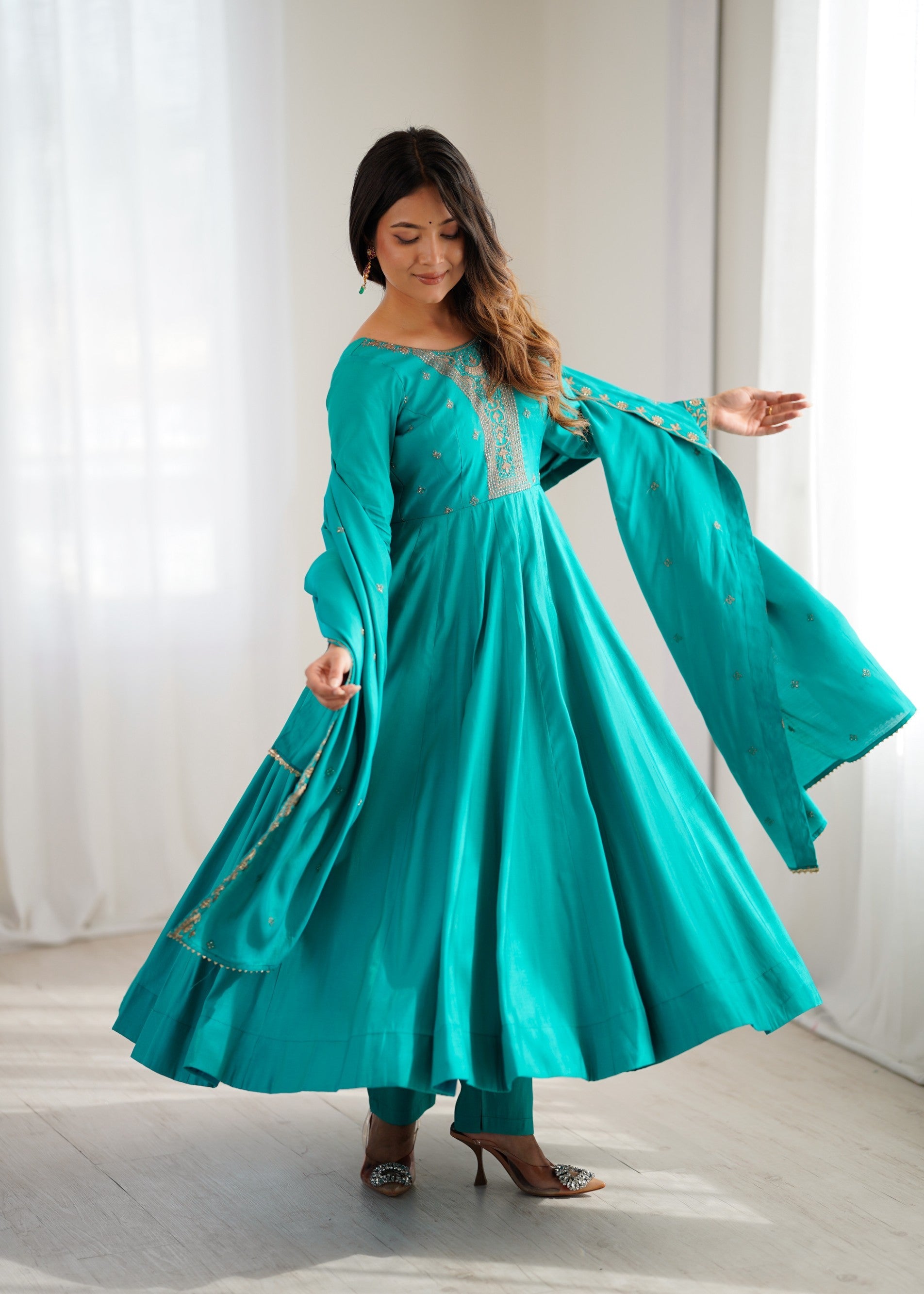 Rama Roman Shimmer Silk Anarkali Gown with Handwork Beads & Pant