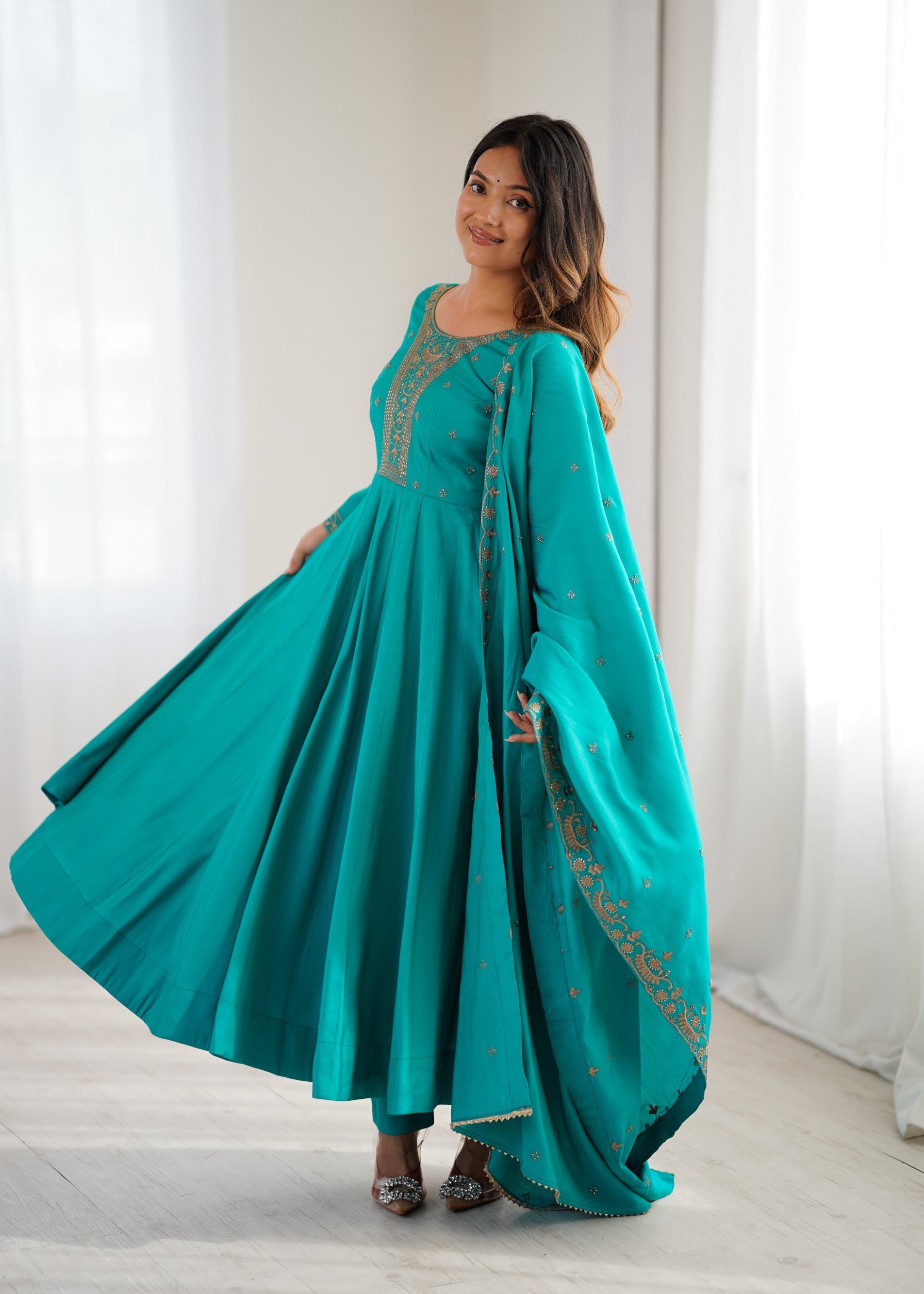 Rama Roman Shimmer Silk Anarkali Gown with Handwork Beads & Pant