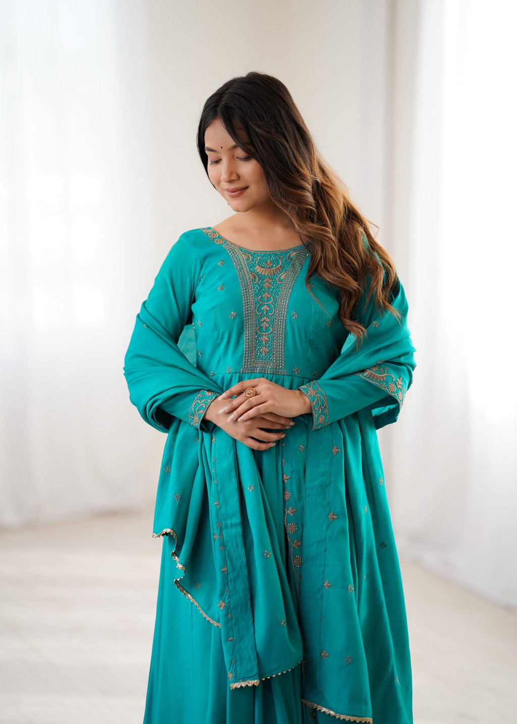 Lorenvalley Fashion Rama Roman Shimmer Silk Yoke Fancy Handwork Beads Work Anarkali Gown Pant With Dupatta Set