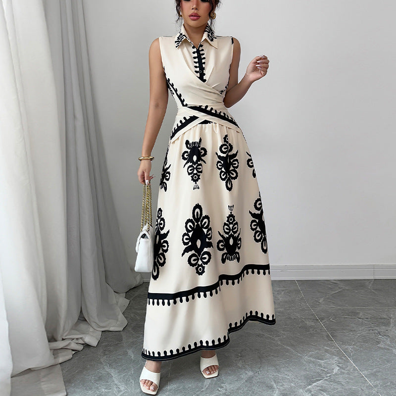 Women's sleeveless floral blouse and lace-up mid-length skirt set in apricot.