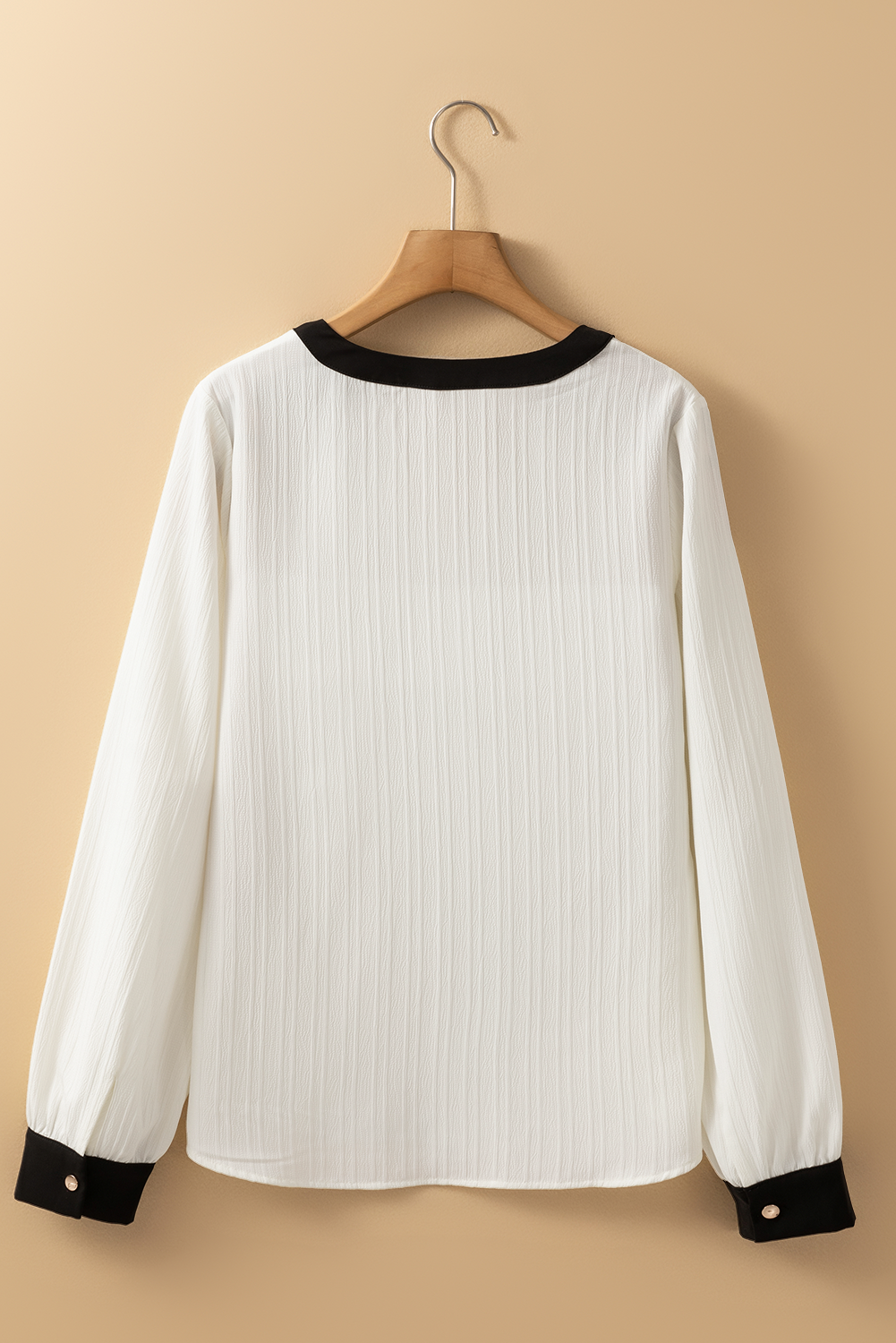 White Textured Colorblock V Neck Long Sleeve Elegant Blouse