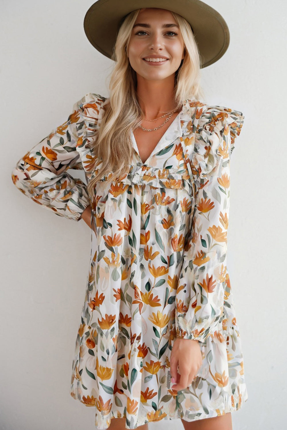 Yellow Floral Print Tie Neck Long Sleeve Ruffle Mini Dress - Image 5