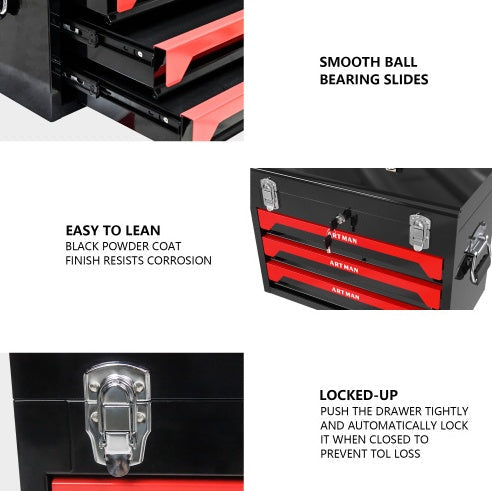 20-Inch Portable 3-Drawer Steel Tool Box with Metal Latch Closure