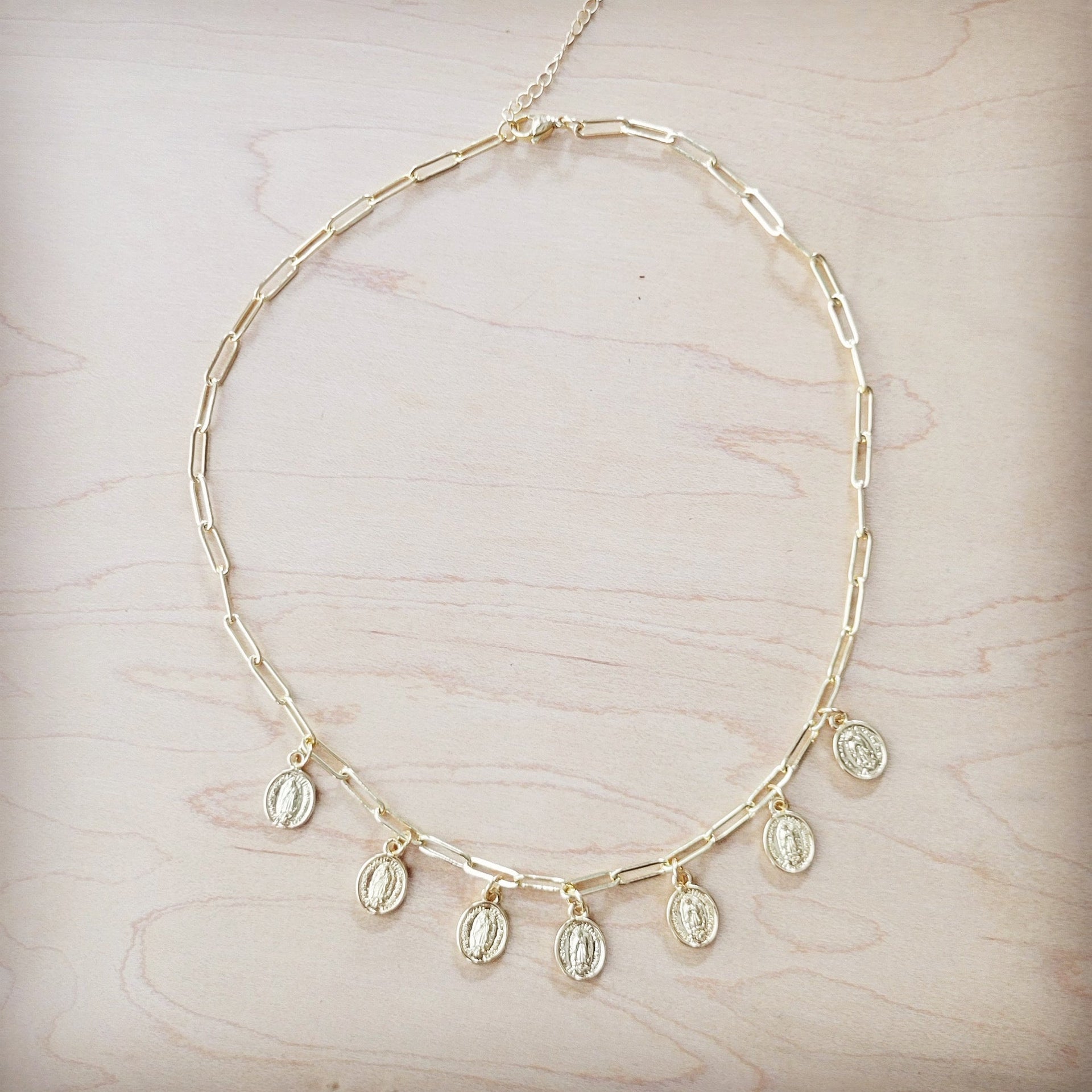 Gold Plated Paperclip Chain Necklace with Coin Pendants - Image 6
